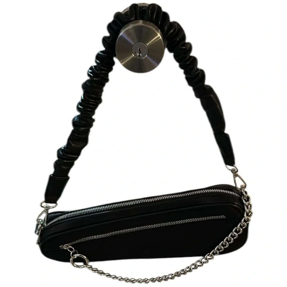 AKIRA Black Asymmetrical Chained Ruffle Shoulder Bag - Picture 12 of 12
